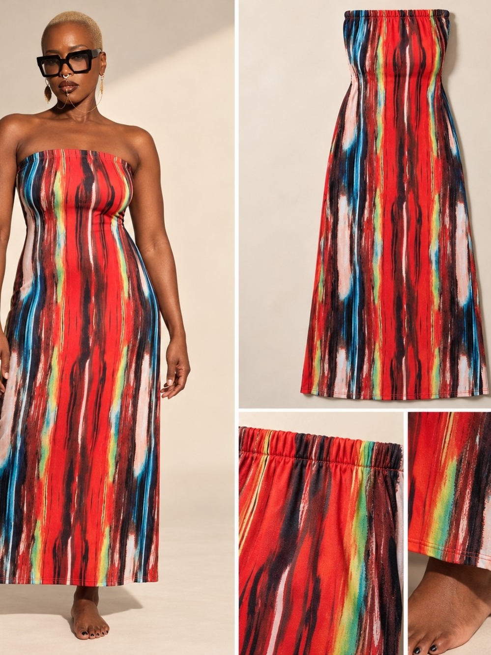 Strapless Red Multi-Color Maxi Dress